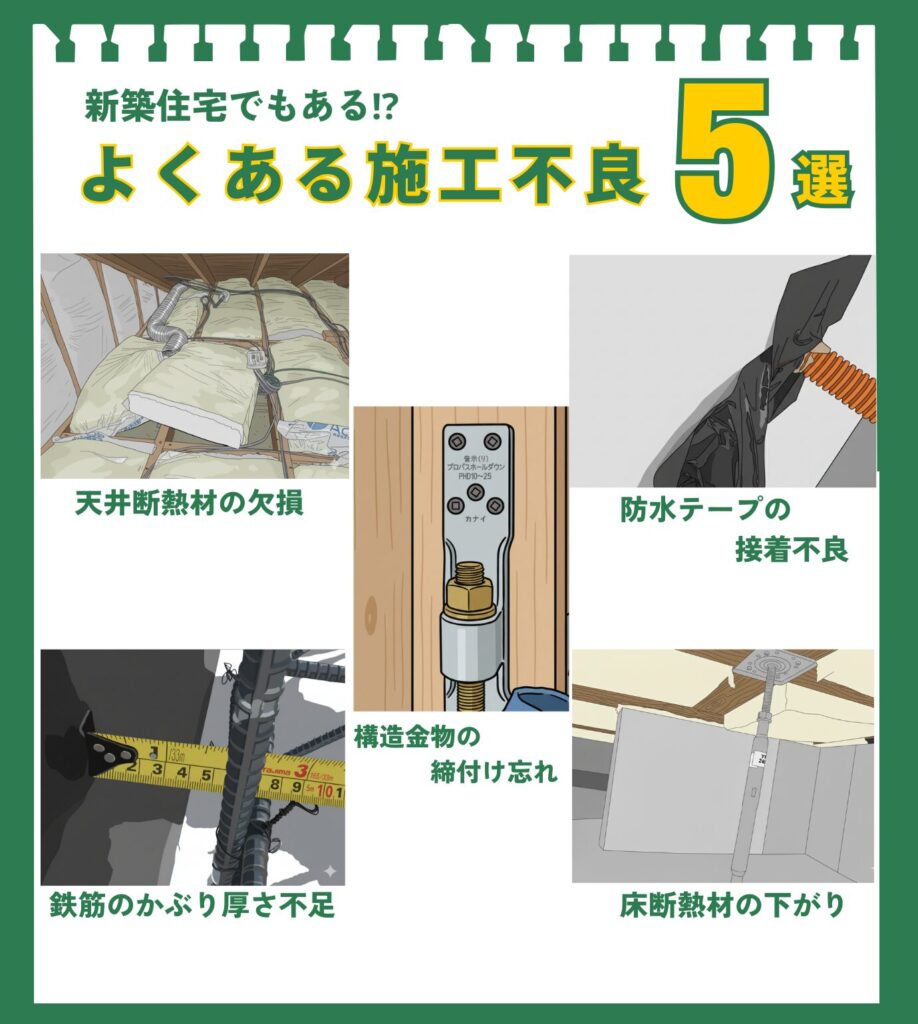 「新築住宅でもよくある施工不良5選」を、実際の現場写真と共に紹介した図解。紹介されているのは、1.天井断熱材の欠損、2.鉄筋のかぶり厚さ不足、3.構造金物の締付け忘れ、4.防水テープの接着不良、5.床断熱材の下がり、の5つの事例。