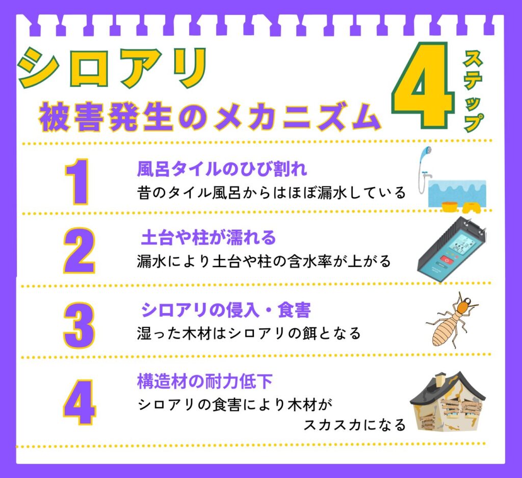 住宅診断士目線のシロアリ調査ポイント4選。1.なぜシロアリがそこにいるか?! 建物の不具合によりシロアリの発生原因がないか。2.シロアリにつながる不具合事例。地盤の湿気、換気不良、雨漏り、漏水。3.構造上の劣化具合を調査。木材の腐朽程度や含水率を測定。4.建築側の改善案を提案。長期にわたり建物が健全でいられる改善案を提案。