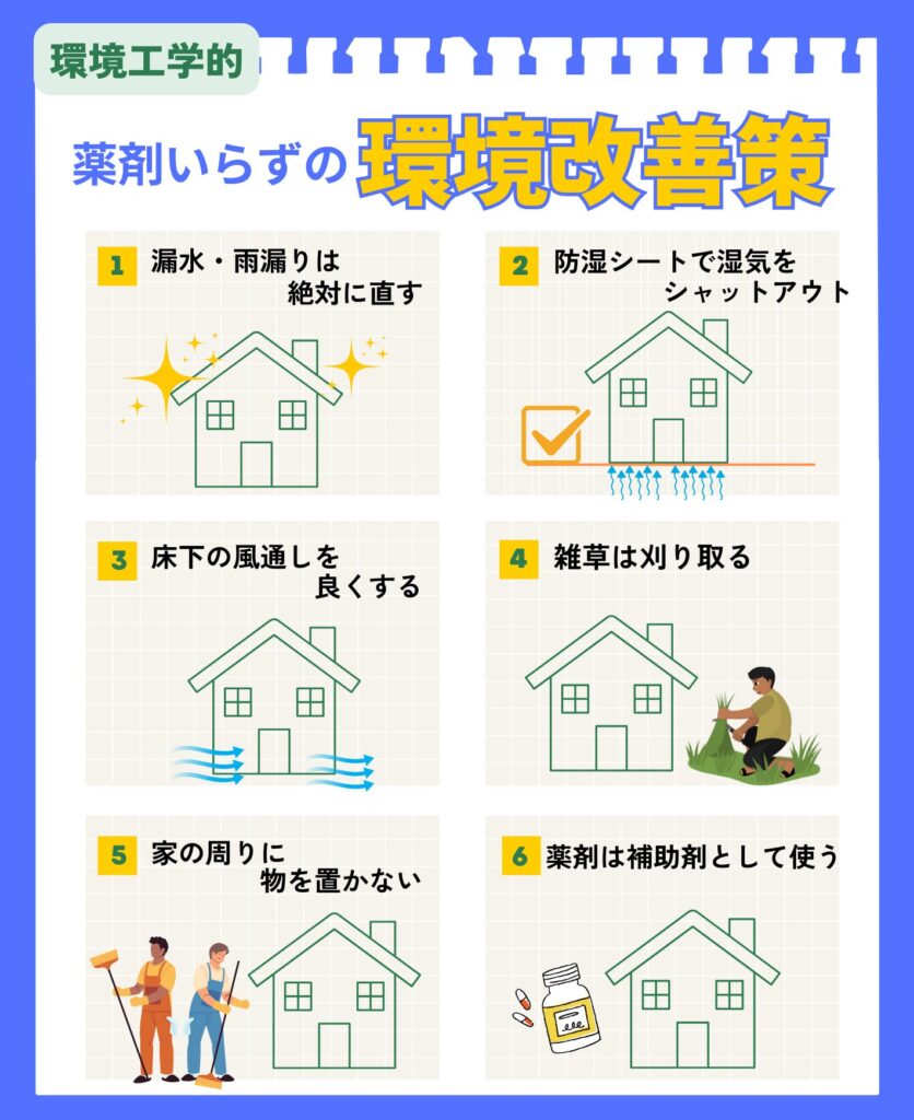 環境工学的な視点から見た、薬剤に頼らないシロアリ対策の6つの環境改善策のイラスト。1.漏水・雨漏りは絶対に直す、2.防湿シートで湿気をシャットアウト、3.床下の風通しを良くする、4.雑草は刈り取る、5.家の周りに物を置かない、6.薬剤は補助剤として使う。それぞれの対策が家のイラストと人物のイラストで表現されている。