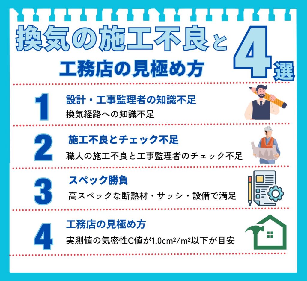 「換気の施工不良と工務店の見極め方4選」を解説した図解。1.設計者の知識不足、2.現場の施工不良とチェック不足、3.スペックだけで満足する問題点、の3つの施工不良の原因を指摘。そして4つ目に、良い工務店の見極め方として「実測のC値が1.0以下」という目安を提示している。