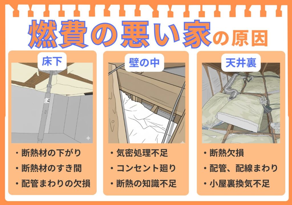 「燃費の悪い家の原因」を床下・壁の中・天井裏の3箇所に分けて、実際の施工不良写真と共に解説した図解。床下では「断熱材の下がり」、壁の中では「気密処理不足」、天井裏では「断熱欠損」など、それぞれの場所で起こりがちな問題点をリストアップしている。