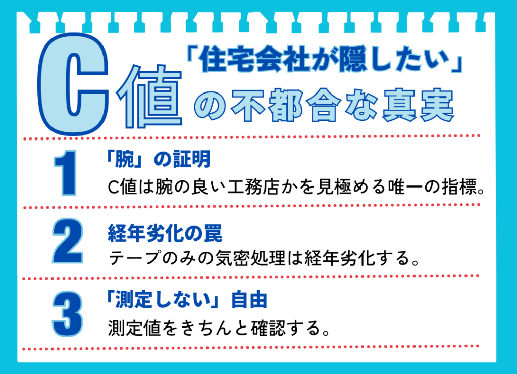 「住宅会社が隠したいC値の不都合な真実」を3つのポイントで解説した図解。1.C値は施工品質を証明する唯一の指標であること。2.テープのみの気密処理は経年劣化すること。3.測定値を確認しないとごまかされるリスクがあること。これら住宅業界の裏側を指摘している。