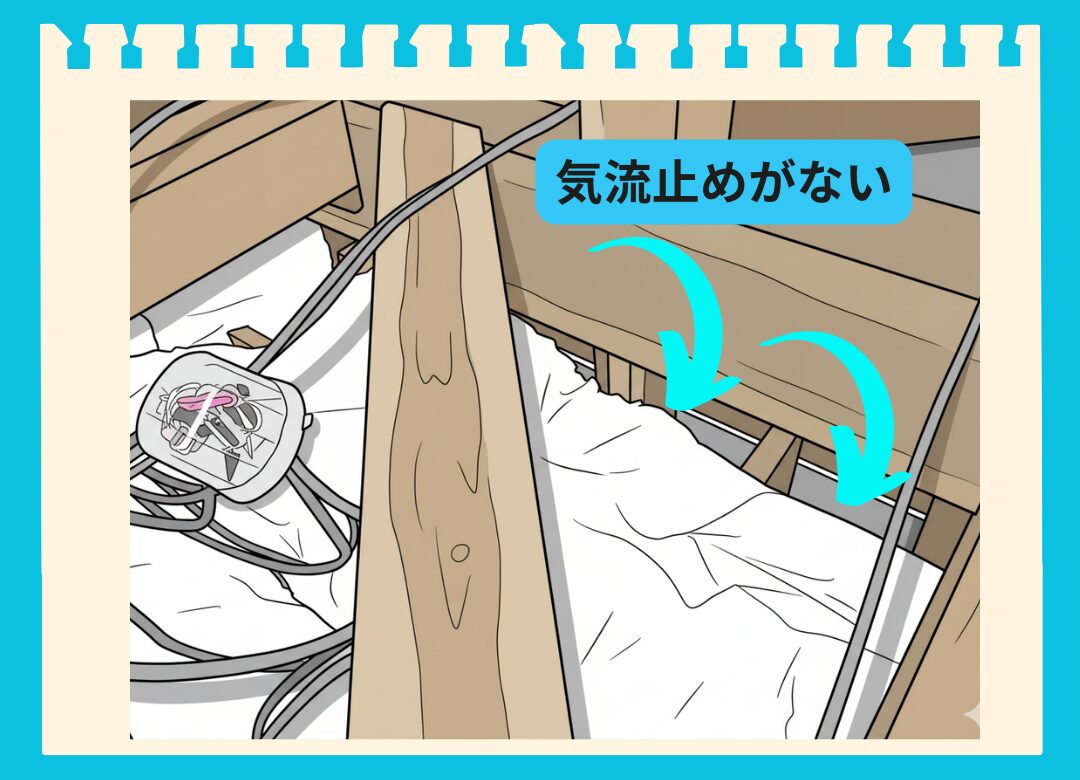 天井裏の間仕切り壁上部に「気流止め」がない施工不良の写真。壁の内部が天井裏とつながっている隙間を矢印で示している。この隙間から天井裏の空気が壁の中に流れ込み、壁が冷たくなる原因であることを説明している。