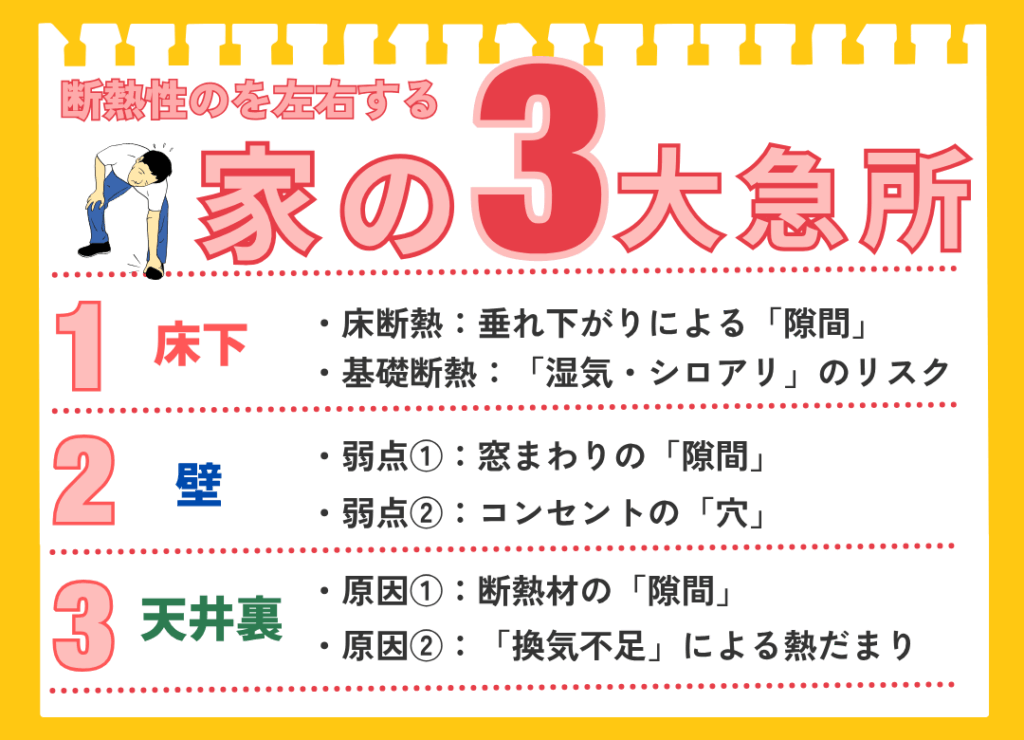 「断熱性を左右する家の3大急所を示した図。1つ目は「床下」で、床断熱の垂れ下がりによる隙間や、基礎断熱の湿気・シロアリのリスク。2つ目は「壁」で、弱点として窓まわりの隙間とコンセントの穴。3つ目は「天井裏」で、原因として断熱材の隙間と換気不足による熱だまり。」