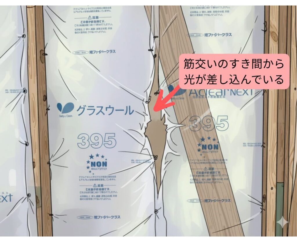 住宅の壁の内部の画像。旭ファイバーグラスの「アクリアNEXT」という高性能グラスウール断熱材が充填されているが、中央にある斜めの木材「筋交い」と柱が交差する角の三角形の部分に断熱材が充填されておらず、そこから外の光が漏れている。この「筋交いのすき間から光が差し込んでいる」という断熱欠損を指摘する写真。