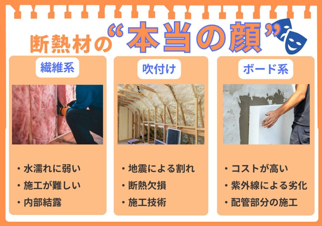 「断熱材の“本当の顔”」という大きな見出しの下に、3種類の主要な断熱材の施工例とその施工上の弱点が記述された比較表の画像。左から「繊維系」として水濡れに弱い、施工が難しい、内部結露。中央に「吹き付け」として地震による割れ、断熱欠損、施工技術。右に「ボード系」としてコストが高い、紫外線による劣化、配管部分の施工。それぞれの項目の上部には、実際に施工されている画像が表示されている。