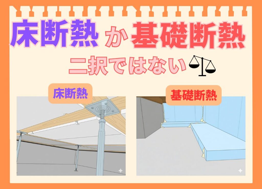 「床断熱か基礎断熱 二択ではない」という見出しの比較イラスト。左側には床下に断熱材が施されている「床断熱」のイメージ図が、右側には基礎の内側に断熱材が施されている「基礎断熱」のイメージ図が示されている。どちらの工法を選ぶかという二択ではなく、それぞれの工法を熟知したプロを選ぶことの重要性を示すための画像。