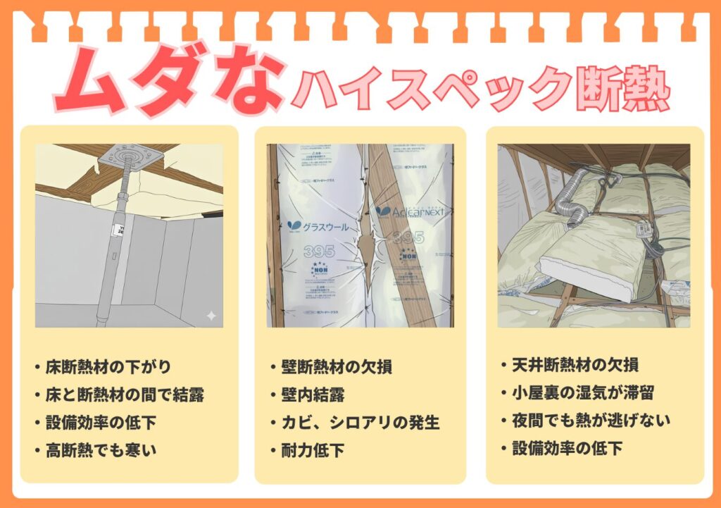 無駄なハイスペック断熱の3つの事例を示す画像。左の写真は、床下の断熱材が垂れ下がっている様子。その下には、床断熱材のずり下がり、床と断熱材の間で結露、設備効率の低下、高断熱でも寒い、という問題点が箇条書きで書かれている。中央の写真は、壁内の断熱材が欠損している様子。その下には、壁断熱材の欠損、壁内結露、カビ、シロアリの発生、耐力低下、という問題点が箇条書きで書かれている。右の写真は、天井断熱材が欠損している様子。その下には、天井断熱材の欠損、小屋裏の湿気が滞留、夜間でも熱が逃げない、設備効率の低下、という問題点が箇条書きで書かれている。
