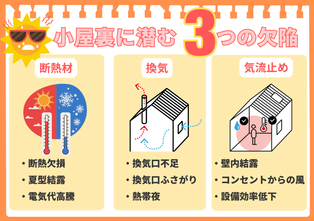 「小屋裏に潜む3つの欠陥」を図解で解説。1つ目は断熱材の不備による断熱欠損・夏型結露・電気代高騰。2つ目は換気不足による換気口不足・換気口ふさがり・熱帯夜。3つ目は気流止めの不備による壁内結露・コンセントからの風・設備効率低下という、それぞれの問題点をイラスト付きで示している。