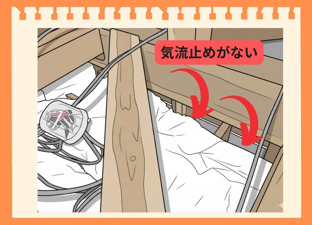 小屋裏にある間仕切り壁の上部を写した写真。「気流止めがない」という文字と矢印が、壁の内部が小屋裏とつながっている隙間を指している。この施工不良により、小屋裏の熱気が壁の中に流れ込んでしまう問題を示している。