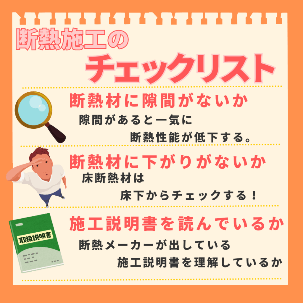 断熱施工のチェックリスト3選のイラスト画像。1つ目のチェック項目は「断熱材に隙間がないか」で、虫眼鏡のイラストと「隙間があると一気に断熱性能が低下する」という説明文が付いている。2つ目のチェック項目は「断熱材に下がりがないか」で、下を覗き込む人のイラストと「床断熱材は床下からチェックする！」という説明文が付いている。3つ目のチェック項目は「施工説明書を読んでいるか」で、取扱説明書のイラストと「断熱メーカーが出している施工説明書を理解しているか」という説明文が付いている。