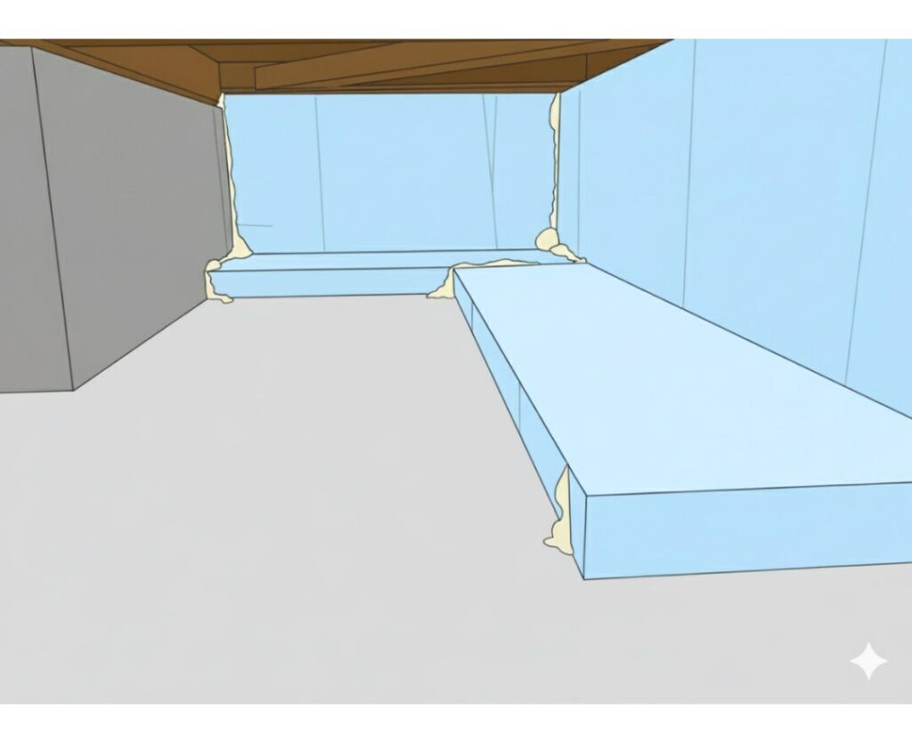 基礎断熱の施工イメージを示すイラスト。家の基礎部分の立ち上がりと、床下の地面（土間コンクリート）に、水色の断熱材が敷かれている様子が描かれている。断熱材の継ぎ目や角の部分に、気密性を確保するための吹き付け状の処理材（コーキング材のようなもの）が施されているのが確認できる。
