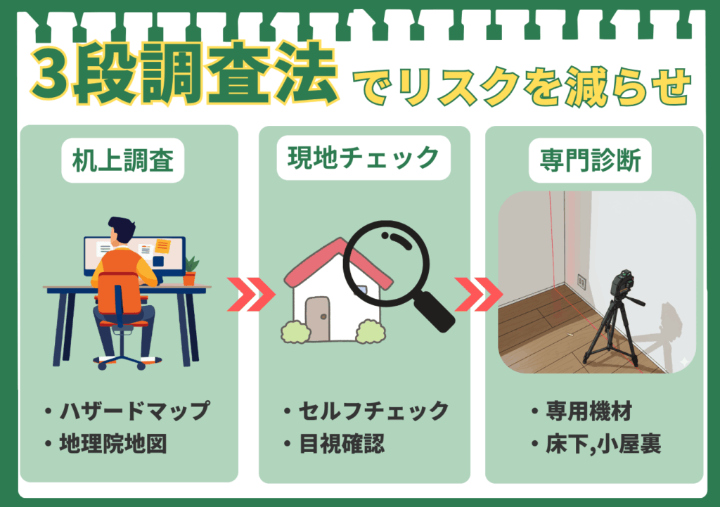 家の足元のリスクを減らすための「3段調査法」のフローチャート図解。1段階目は**「机上調査」で、パソコンに向かう人のイラストと共に「ハザードマップ、地理院地図」を調べることを示している。2段階目は「現地チェック」で、虫眼鏡で家を見るイラストと共に「セルフチェック、目視確認」を行うことを示している。3段階目は「専門診断」**で、レーザー測量機のような専用機材のイラストと共に「専用機材、床下、小屋裏」の診断を行うことを示している。