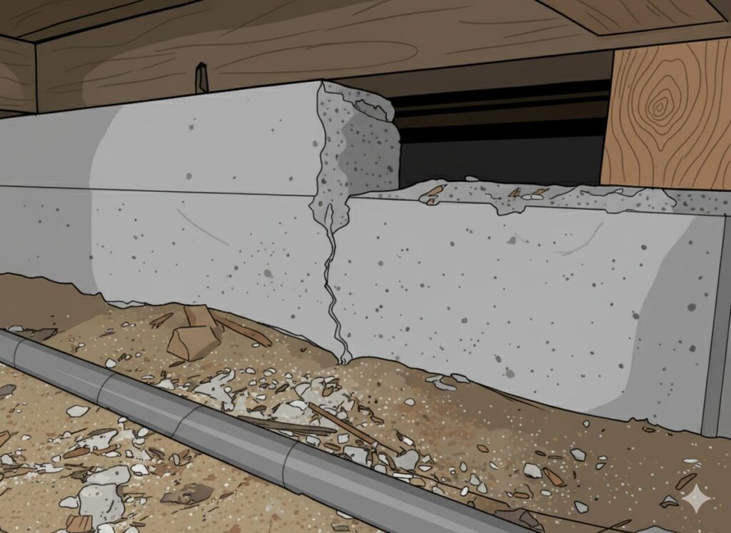 床下の布基礎コンクリートに大きな垂直のひび割れが入り、上部がずれて段差ができているイラスト。これは、基礎に大きな力がかかり、せん断破壊を起こしている深刻な状態を示している。手前の土の上には配管が横たわり、木製の土台や梁も見える。